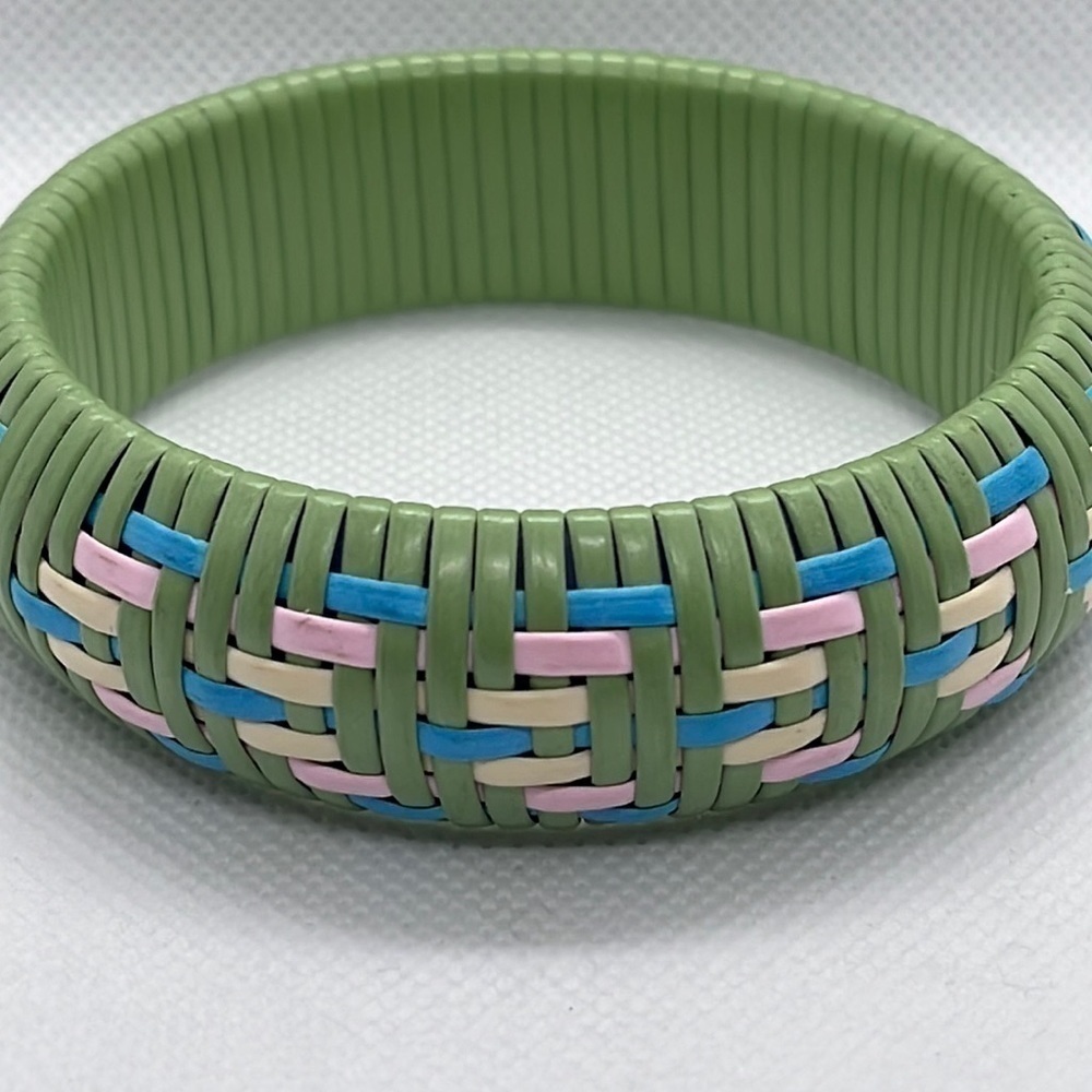 Woven Chunky Bangle Bracelet Pastel Green Pink Yellow Vinyl Cord